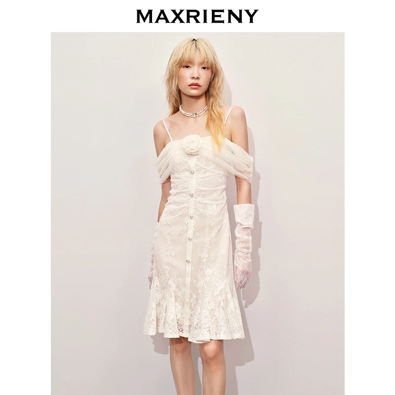 【陈大可专属】MAXRIENY精致一字肩鱼尾蕾丝连衣裙高级女装修身显瘦