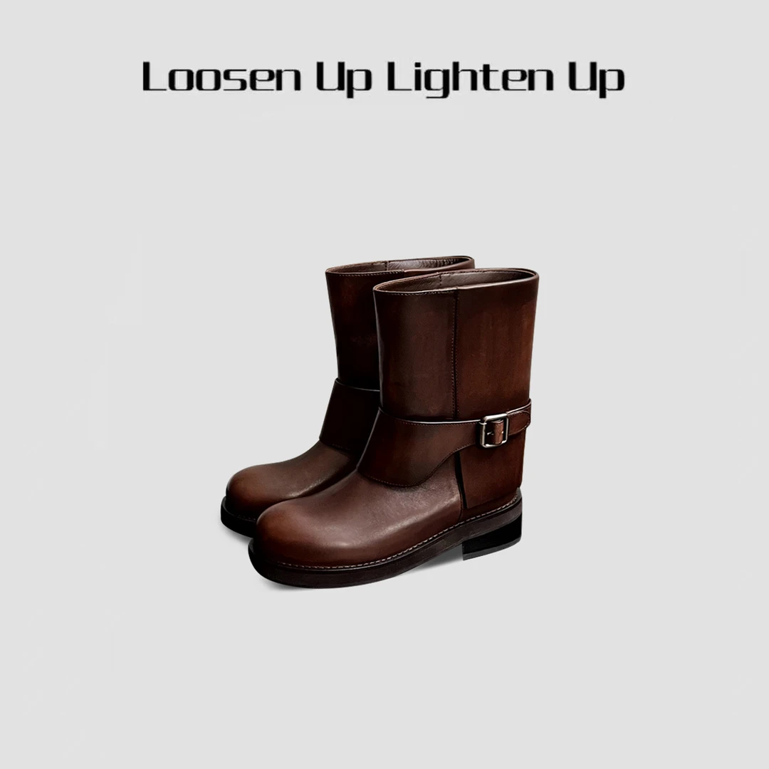Loosen Up【油画感擦色骑士靴】复古做旧纹理真皮手工中筒靴斗篷靴