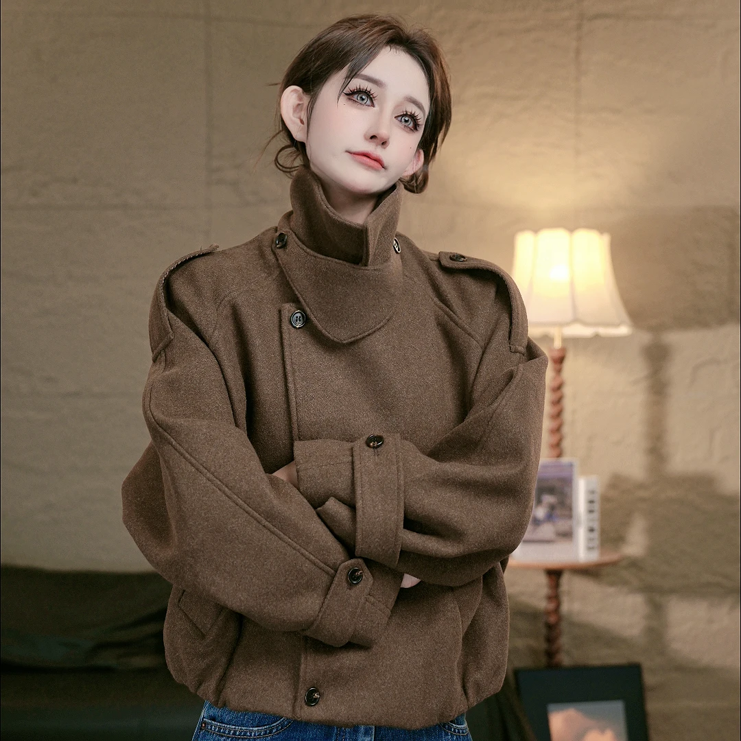 秋冬新款设计感立领毛呢外套短款小个子高级感上衣