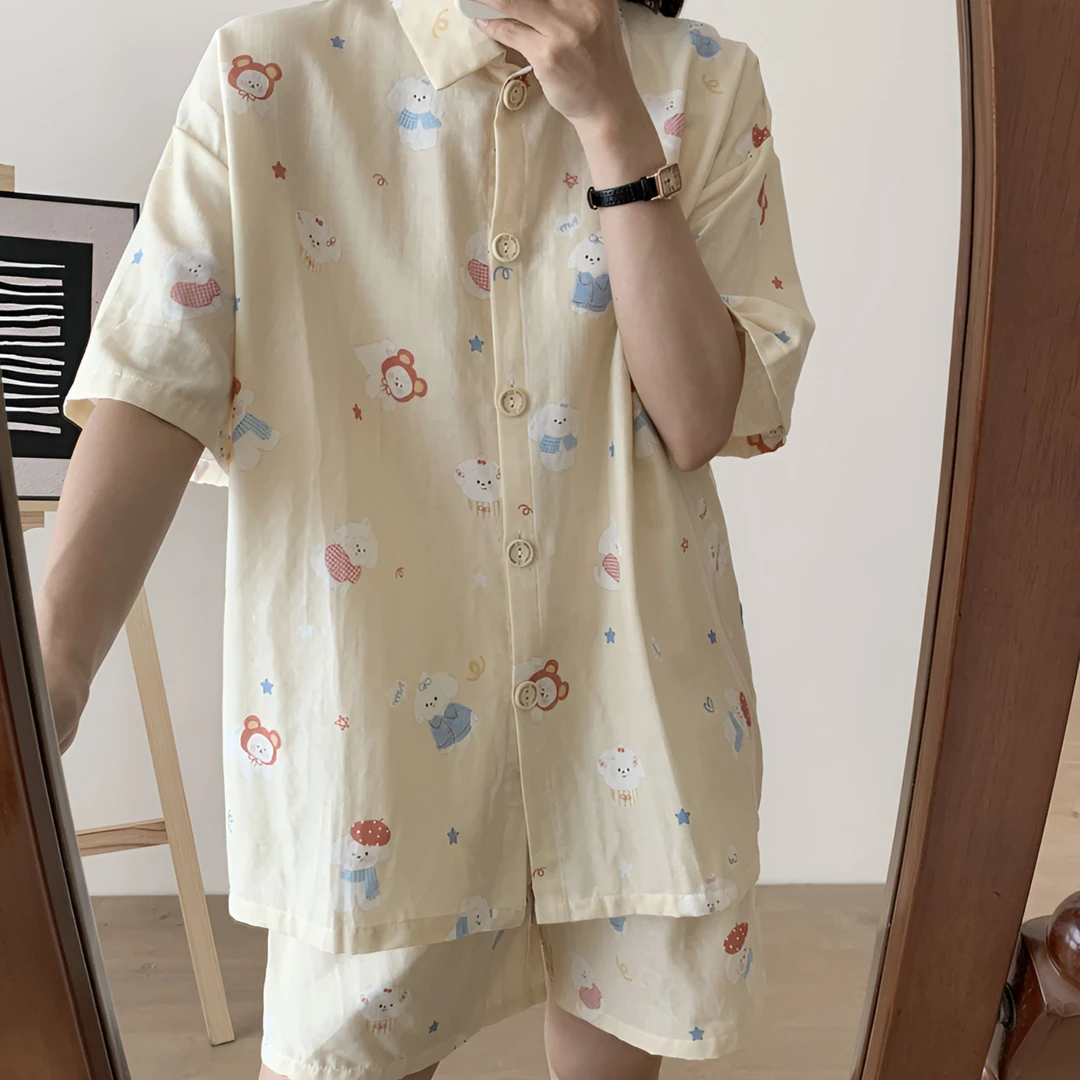 【短袖短裤】休闲纯棉双层纱睡衣家居服宽松ins