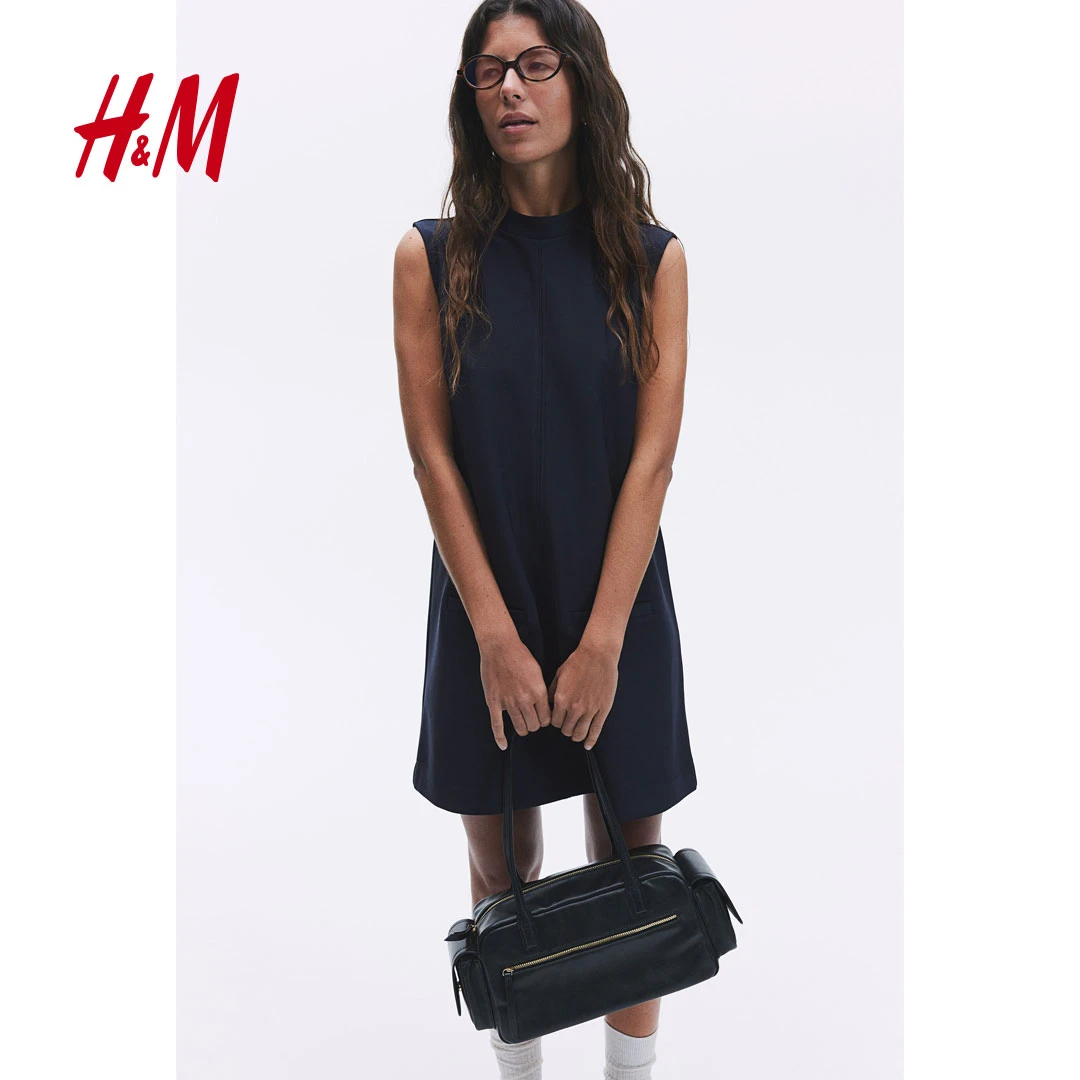 HM女装时尚气质汗布无袖小立领设计A字廓形显瘦百搭连衣裙1265322