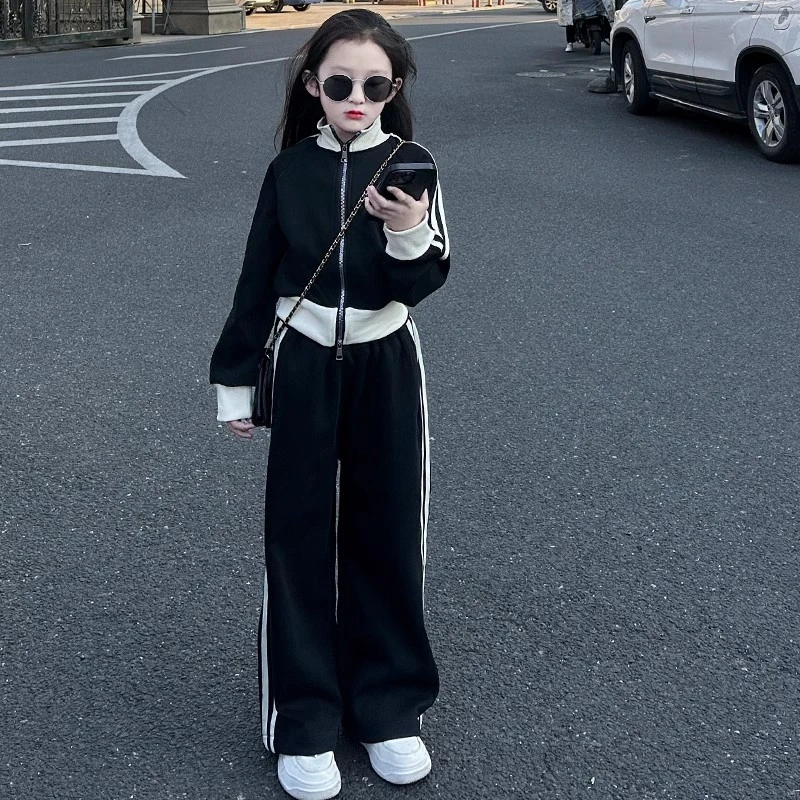 女童春季黑色拉链外套2025新款休闲百搭裤子中大童女孩洋气两件套