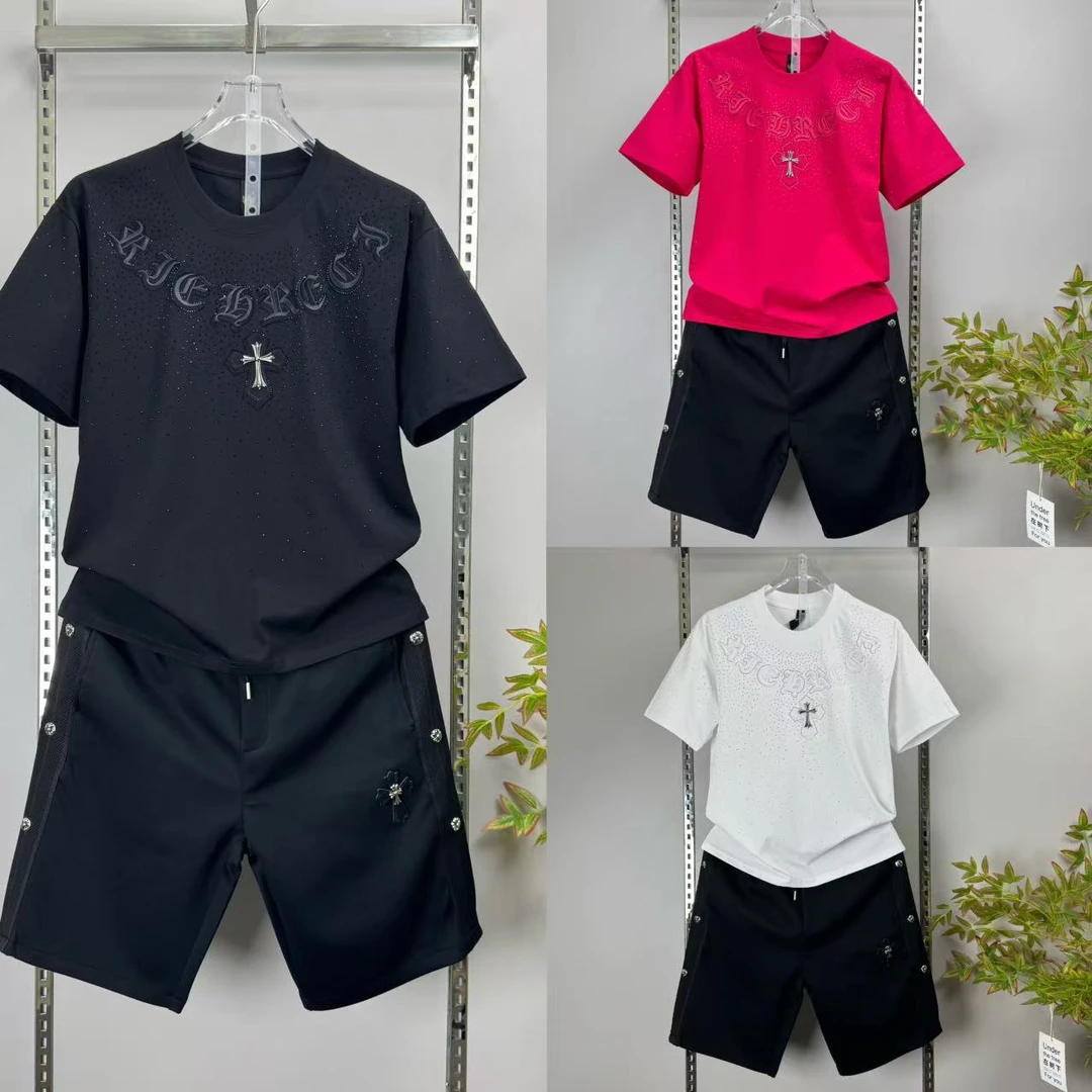 夏季男士圆领烫钻满天星短袖T恤重工潮牌时尚休闲俩件套休闲套装