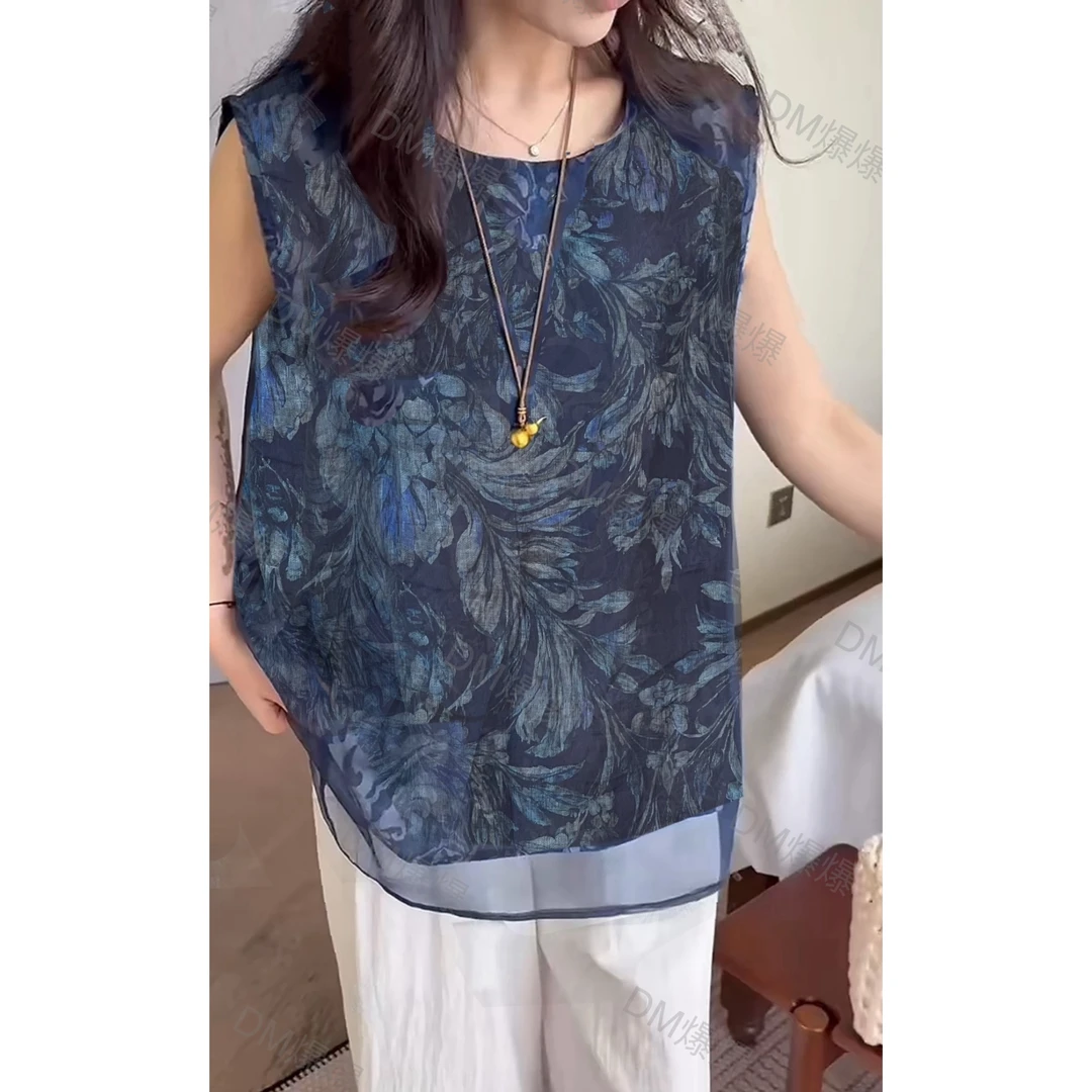 天丝+亚麻新中式藏青中国风提花亚麻复古高级感百搭宽松背心5269