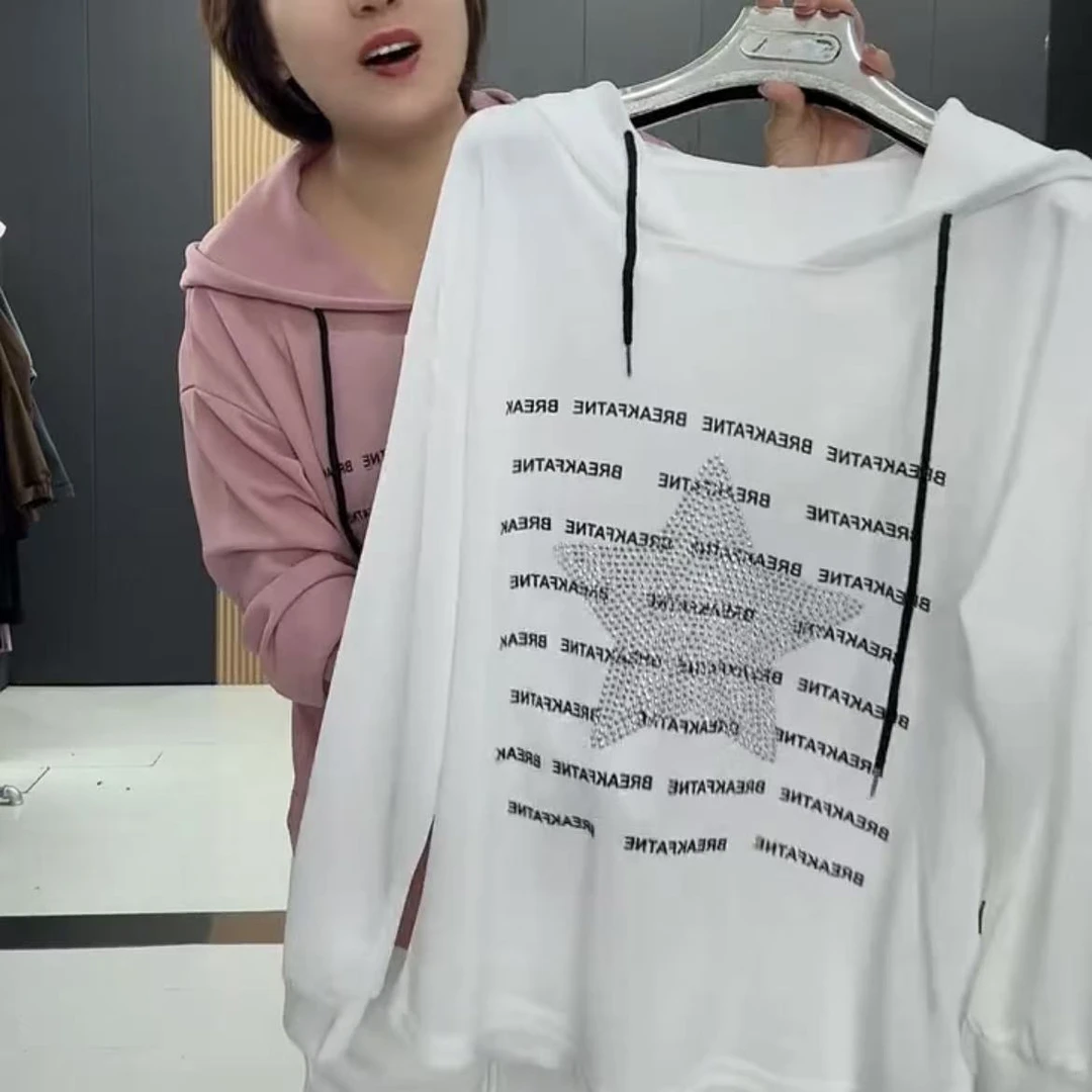 影8563早秋新款连帽钻字母休闲显瘦大码长袖衫