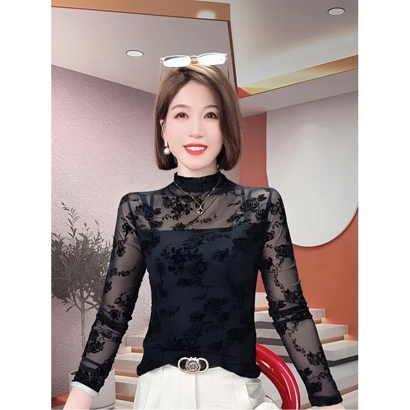 欧货半高领碎花蕾丝小衫女2024秋性感微透长袖网纱打底衫内搭上衣