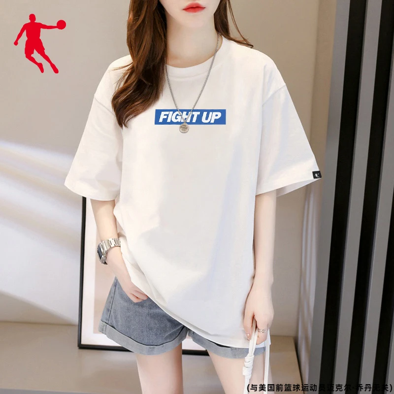 乔丹短袖T恤女新款2025夏季宽松透气上衣棉t潮流休闲落肩运动服女