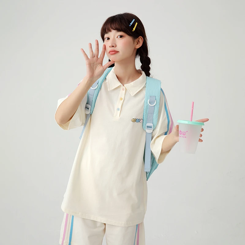 初中生夏季运动套装马卡龙色polo领撞色女童套装C24BP0170C