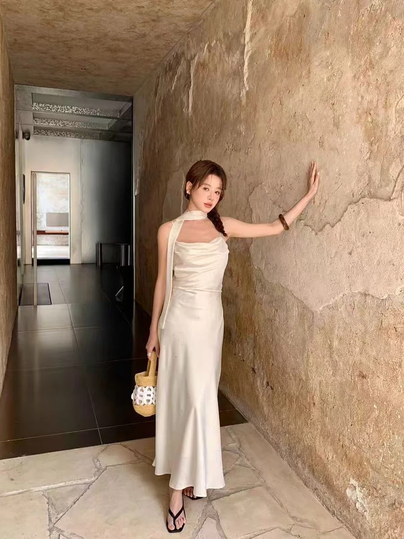 气质名媛时尚亮闪闪吊带长裙荡领绑带修身连衣裙夏季