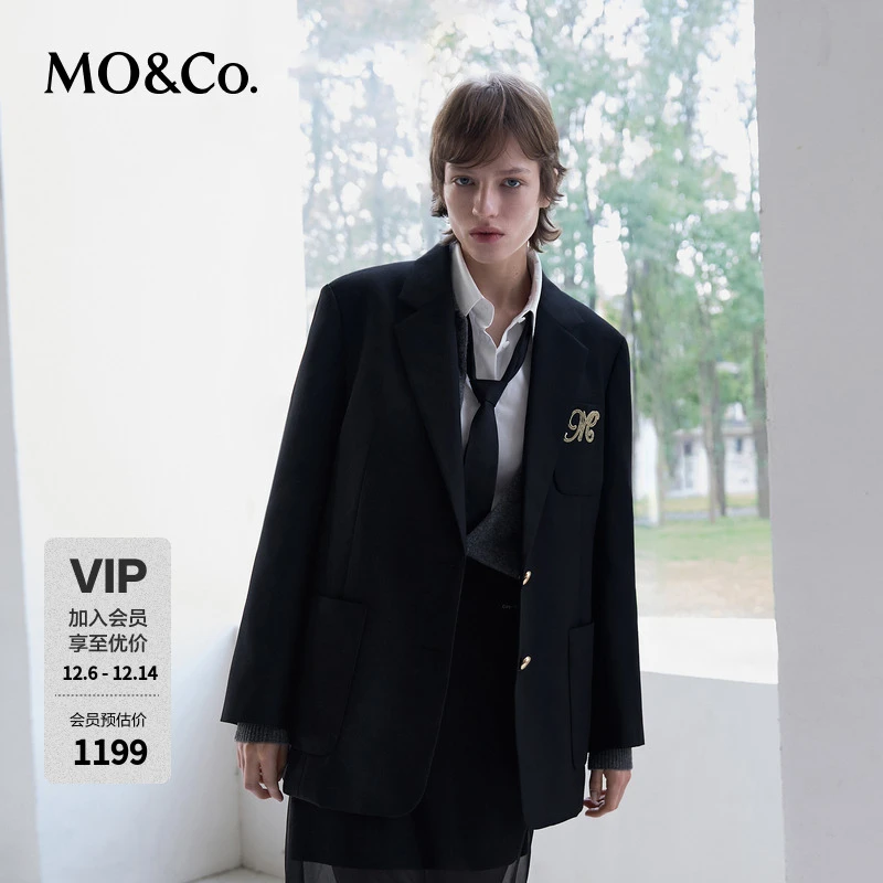 MOCO西装2025春新品含绵羊毛平驳领休闲学院风垫肩外套MBE1BLAT03