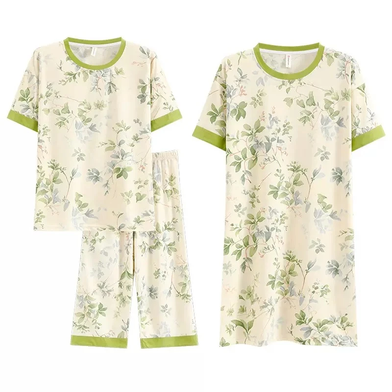 夏季新款圆领女士短袖+七分裤+睡裙三件套套装EC239