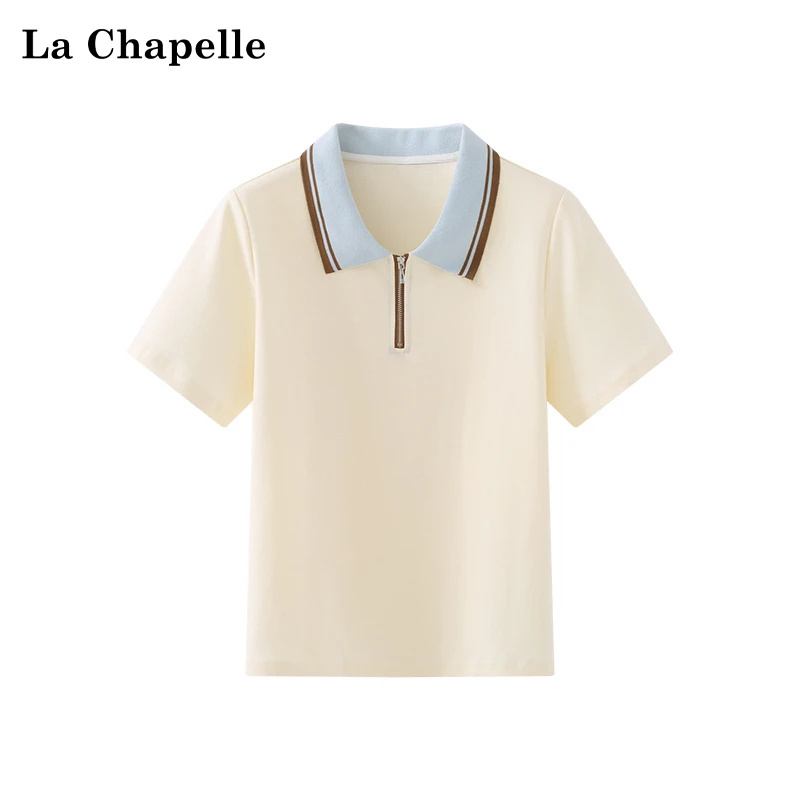 拉夏贝尔翻领撞色拼接半拉链短袖T恤女减龄上衣夏季新款高级时尚