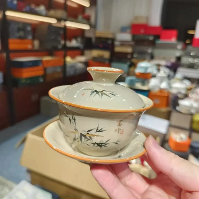 陶瓷草木灰墨竹悬停盖碗家用泡茶三才盖碗-4351