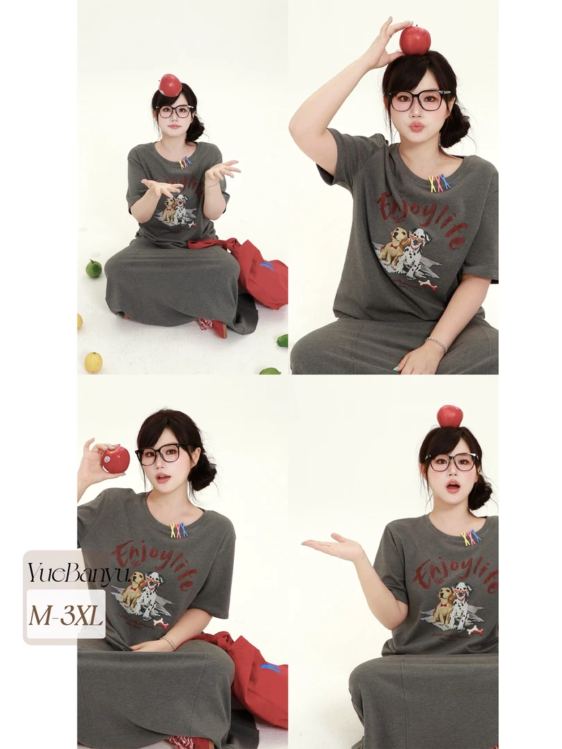 月半鱼【小狗日记】小狗印花休闲宽松显瘦短袖T恤+夏季百搭半身裙