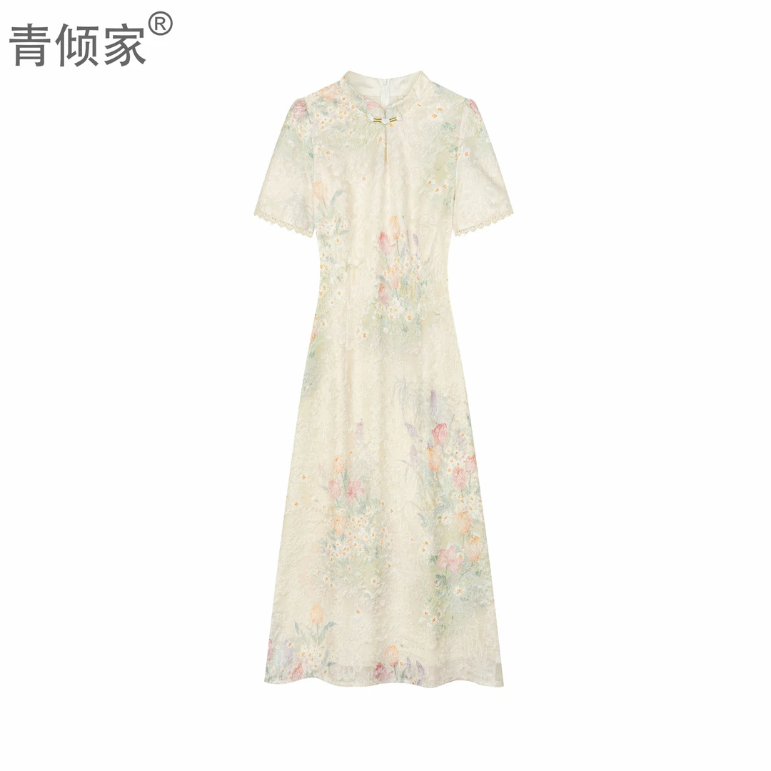 青倾家【粉黛花墙】新中式设计感烧花显瘦改良旗袍气质长裙夏季日常