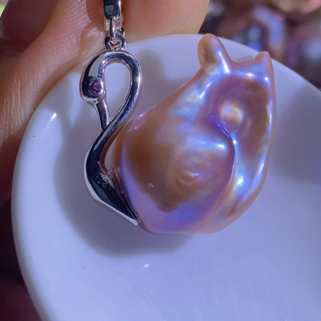 银S925镶嵌淡水珍珠天然珍珠无染色，无优化