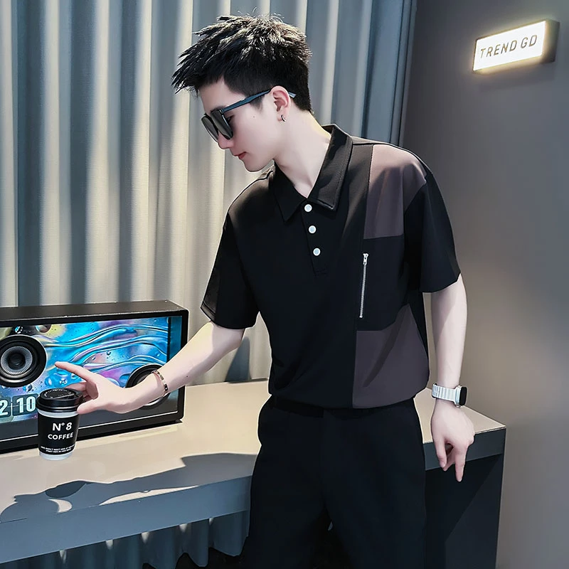 男士短袖polo衫夏季款潮牌痞帅拼接撞色翻领半袖T恤男装体恤上衣