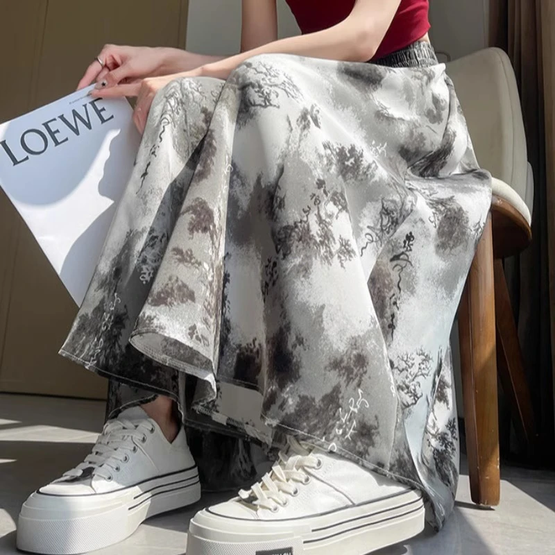 水墨画扎染冰丝裤裙女夏季薄款小个子九分阔腿裤松紧腰垂感雪纺裤