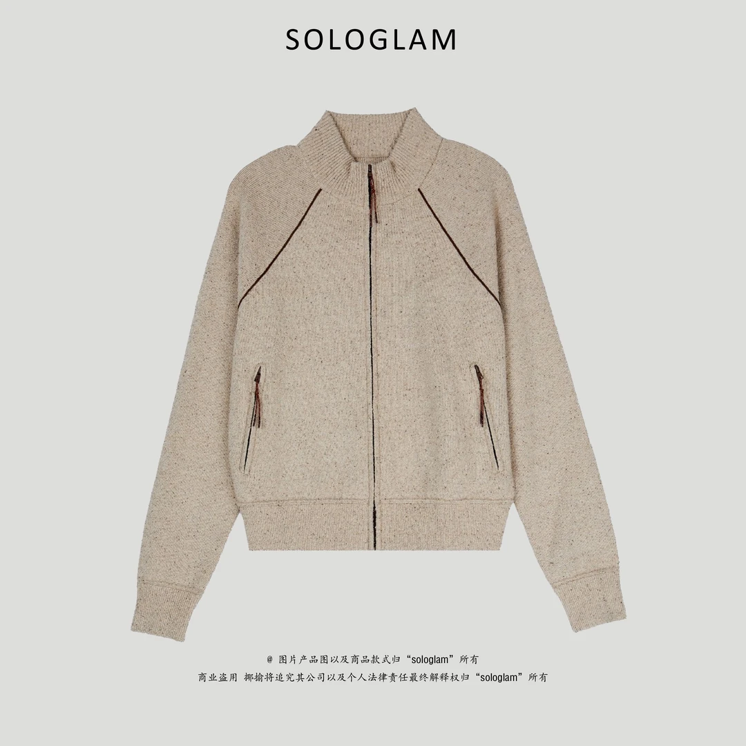 sologlam芝麻点颗粒肌理感雾面真丝锦纶混纺立领拉链针织开衫上衣