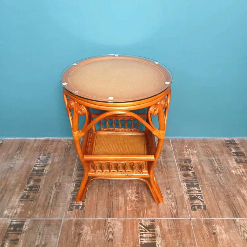 藤编中式藤茶几家用家具藤椅客厅桌子凳子圆形简约椅子配钢化玻璃