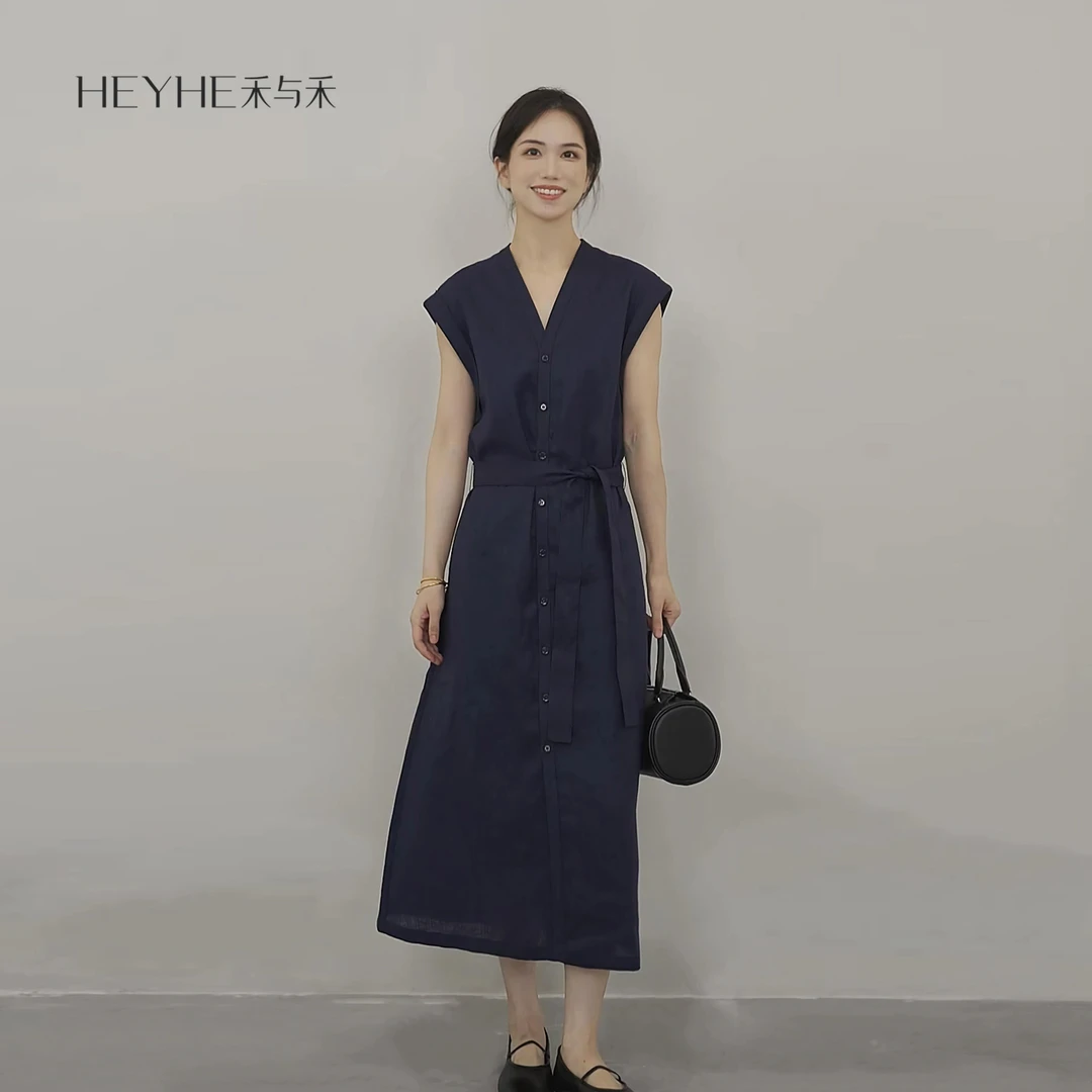 小禾【青幽】纯原100%亚麻平纹布V领休闲中长款纯色显瘦连衣裙