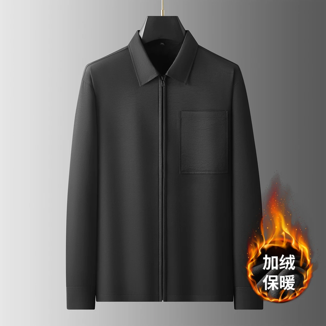 大码冬季男士时尚百搭翻领加绒拉链款商务休闲长袖衬衫外套保暖DJ