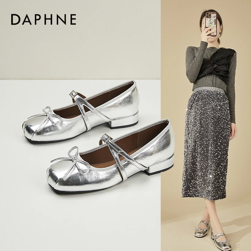 达芙妮法式玛丽珍鞋女2025秋季新款方头气质浅口单鞋蝴蝶结芭蕾鞋