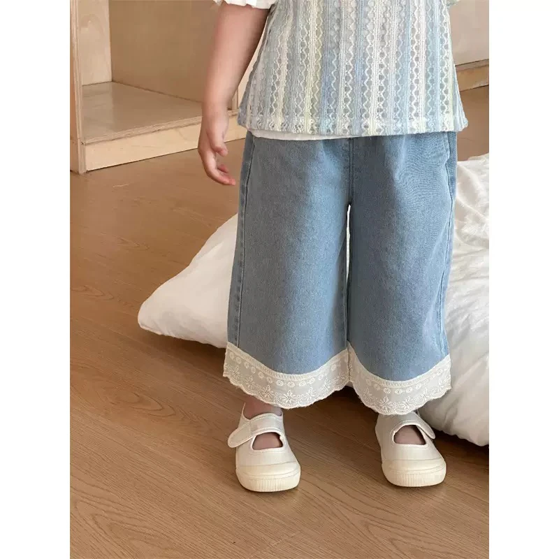 夏季花边阔腿牛仔裤