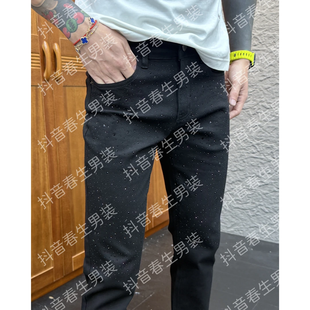 2025秋冬新款时尚休闲百搭亮钻黑色男士小脚牛仔裤9131-2
