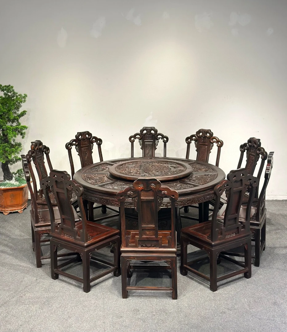 圆形可旋转休闲风动物图案餐桌雕花家用餐厅圆桌椅子