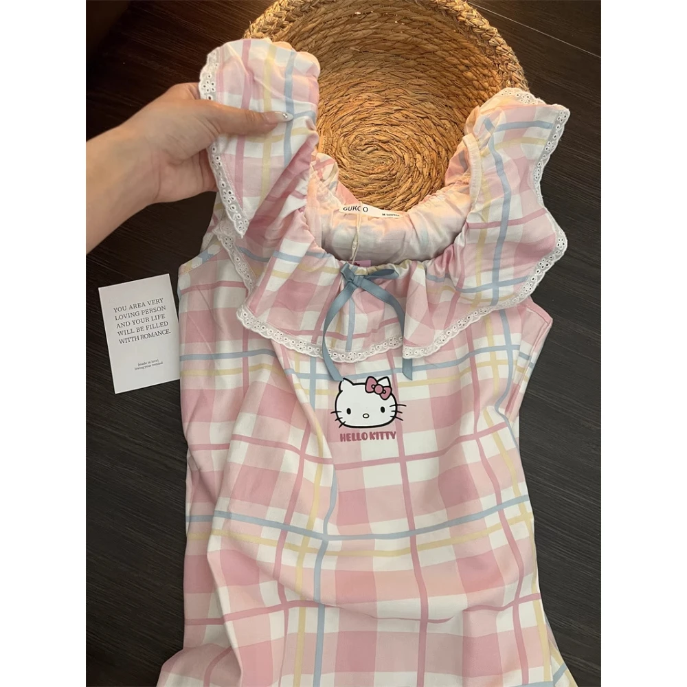 甜美风少女格纹Kitty吊带睡衣女夏季新款软糯亲肤透气居家连衣裙