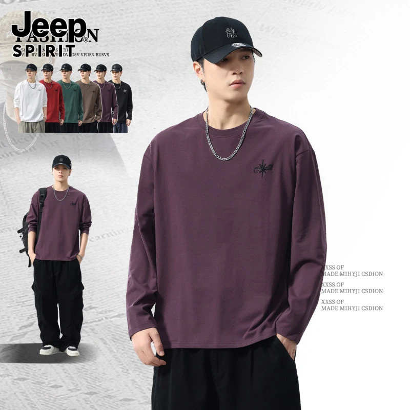 Jeepspirit吉普2025款重工刺绣男款长袖t恤秋季新款潮流百搭体恤