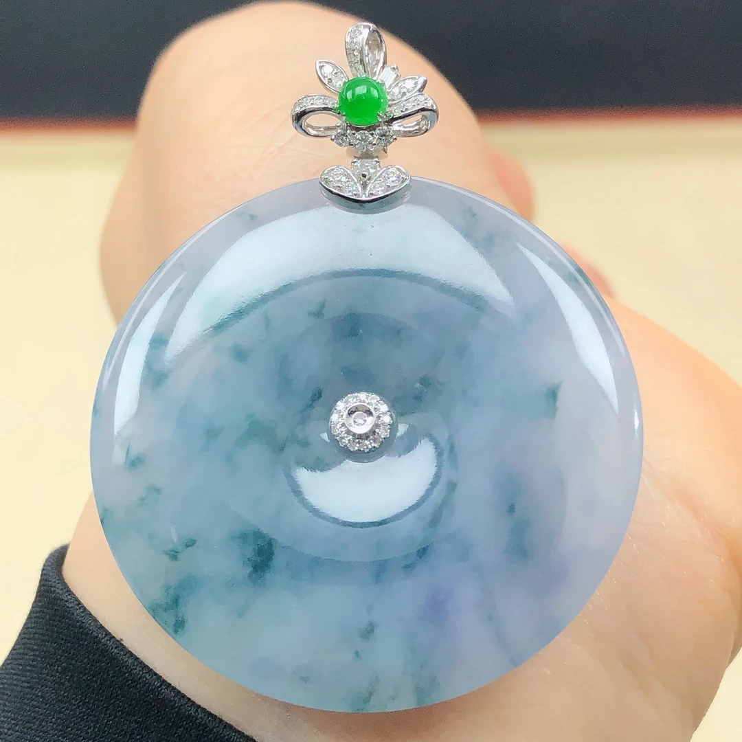 18k金镶嵌天然a货翡翠珠宝玉石冰种紫罗兰飘花大平安扣吊坠直播11