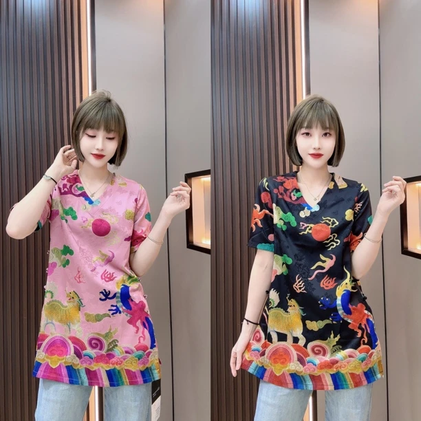 敏宝儿➕2701-1气质时尚轻奢百搭夏款V领新中式上衣