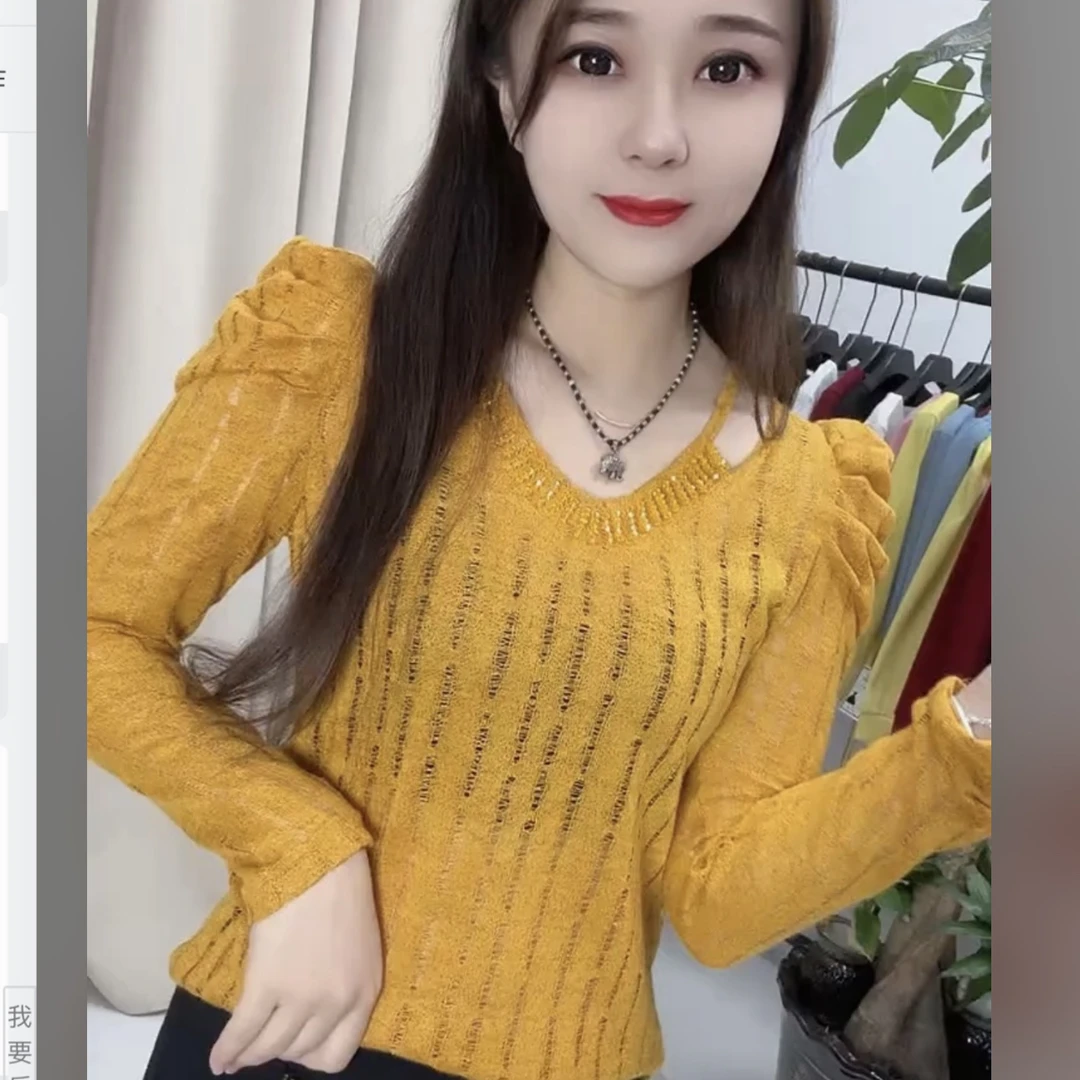 63571V领染色常规纯色秋冬长袖T恤显瘦设计感修身蕾丝时尚