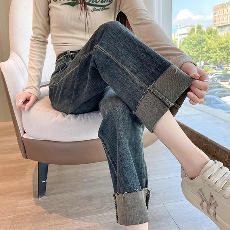 卷边直筒牛仔裤女2025年春秋新款高腰显瘦宽松法棍小个子烟管裤子
