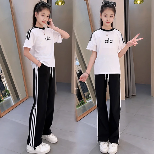 女童短袖T恤套装2025夏季新款中大童半袖上衣学生百搭休闲阔腿裤