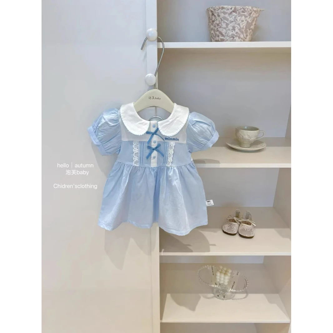 【泡芙baby】女童夏季韩系学院风刺绣蝴蝶结娃娃领花边连衣裙泡泡袖