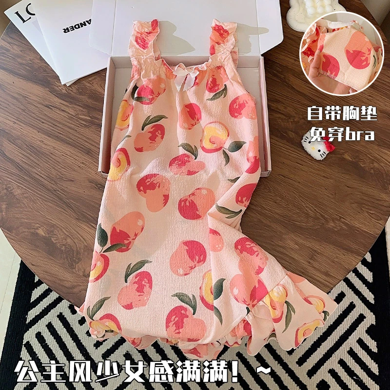 吊带睡裙女夏季梭织棉2025新款甜美风水蜜桃带胸垫睡衣夏天家居服