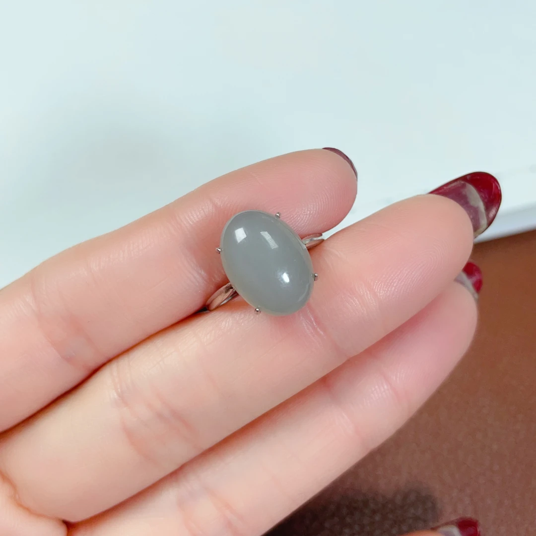 天然和田玉烟紫戒指银镶玉女戒冰冰款简约百搭款精致时尚气质