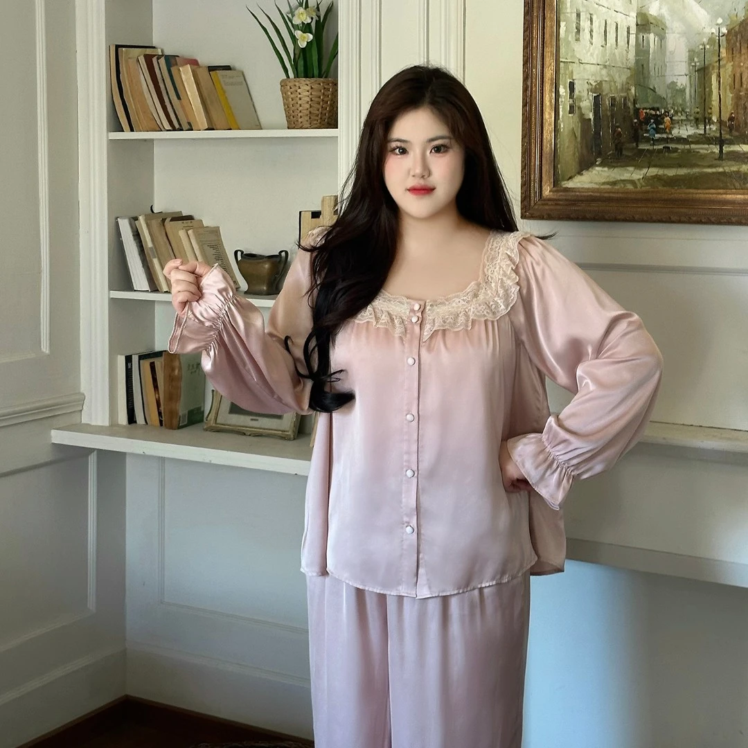 【摇篮序曲】大码长袖舒适可爱纯欲风花边睡衣套装200斤可外穿