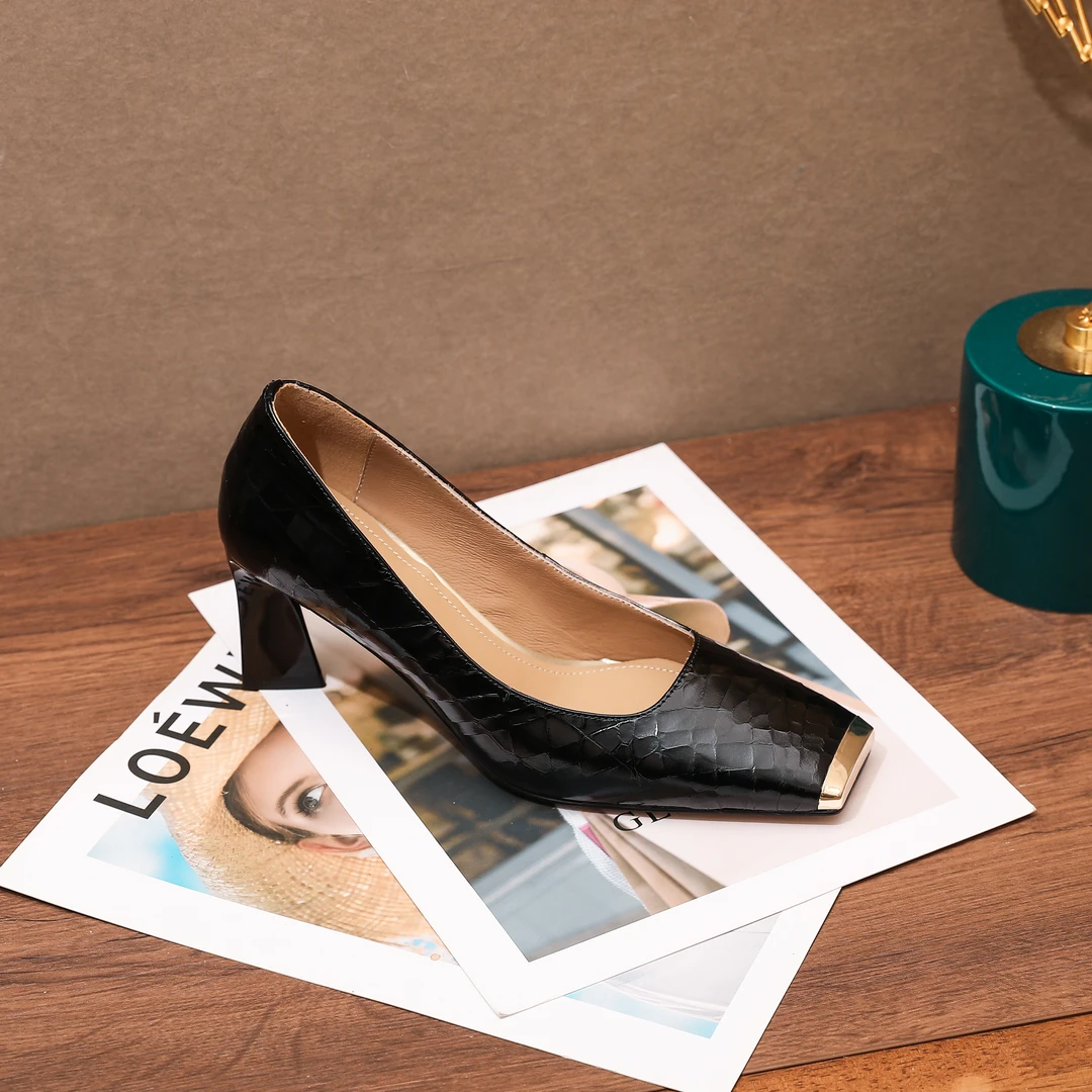 KFY【5.5cm】2024春季新款方头时尚舒适气质百搭真皮单鞋D309黑