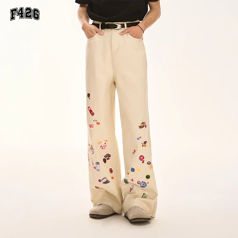 F426国潮牌秋季新款美式复古潮流休闲贴纸印花休闲裤宽松长裤6586