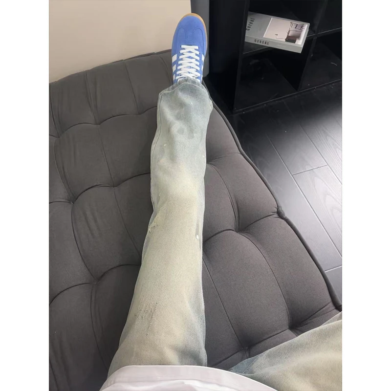 水洗脏染泼墨牛仔裤男夏季美式高街vibe裤子设计感小众显瘦直筒裤