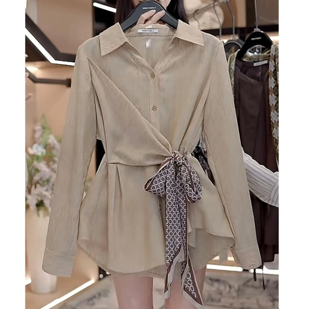 2025秋季新款法式长袖衬衫女丝巾气质绑带收腰显瘦上衣女百搭衬衫