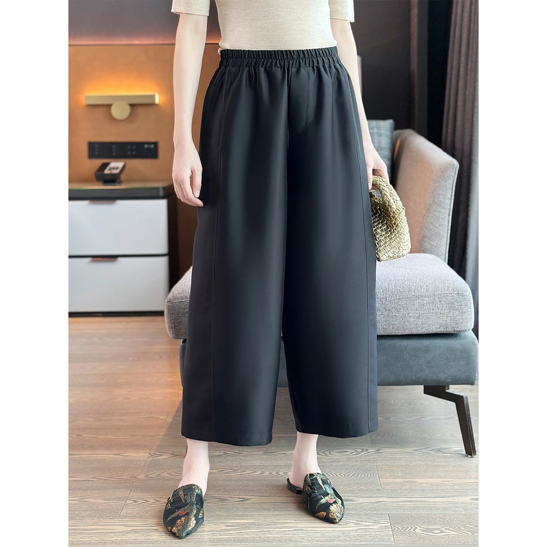 左左家 高定系列桑蚕丝+羊毛！黑色藏肉显瘦松紧腰丝毛九分阔腿裤