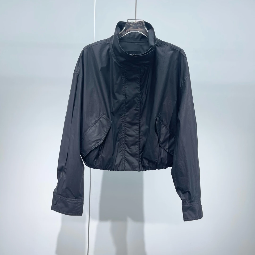 艾家商场同款螺纹下摆女春季落肩袖立领短外套1015