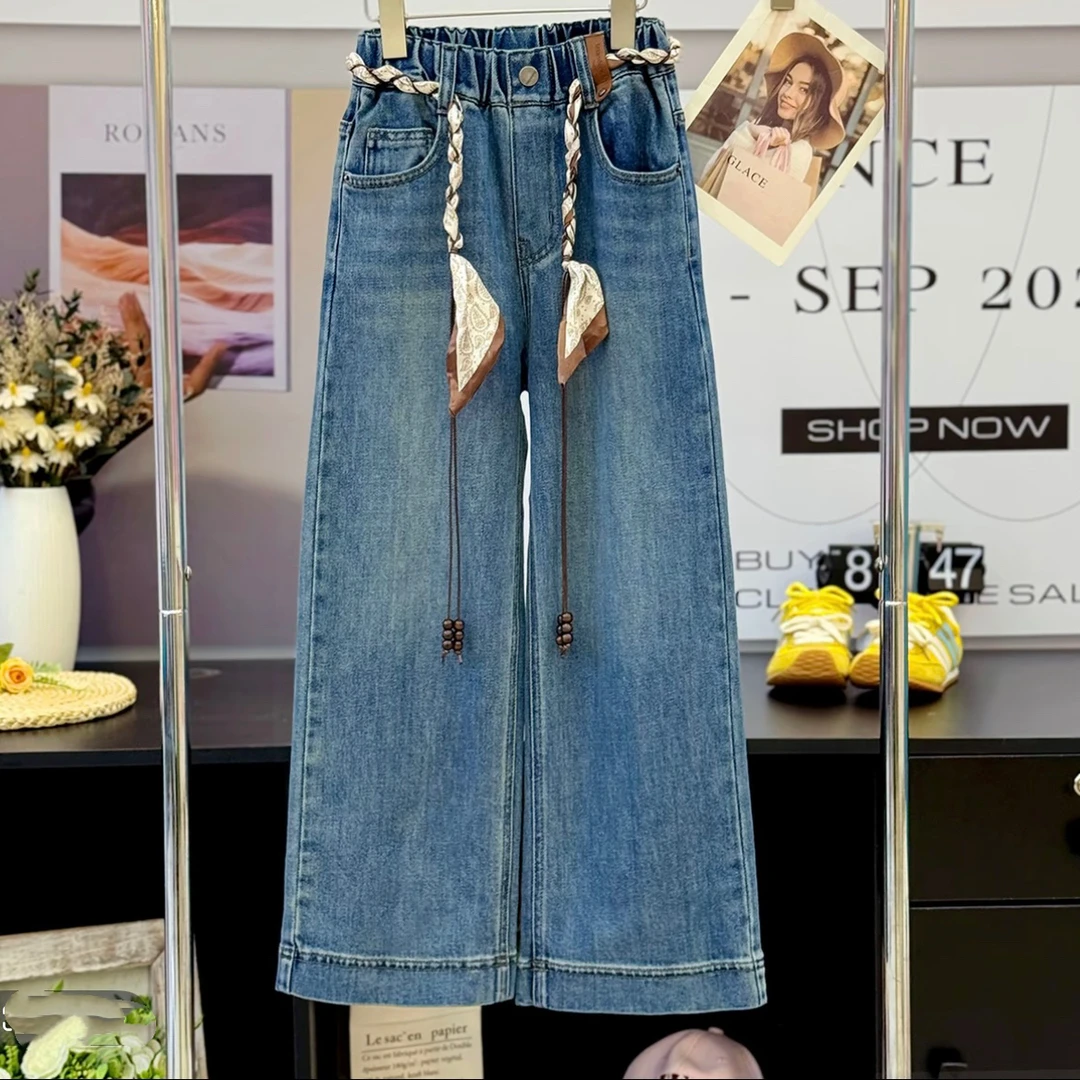女童裤子2025新款秋季直筒牛仔裤儿童秋装百搭大童阔腿裤女孩长裤