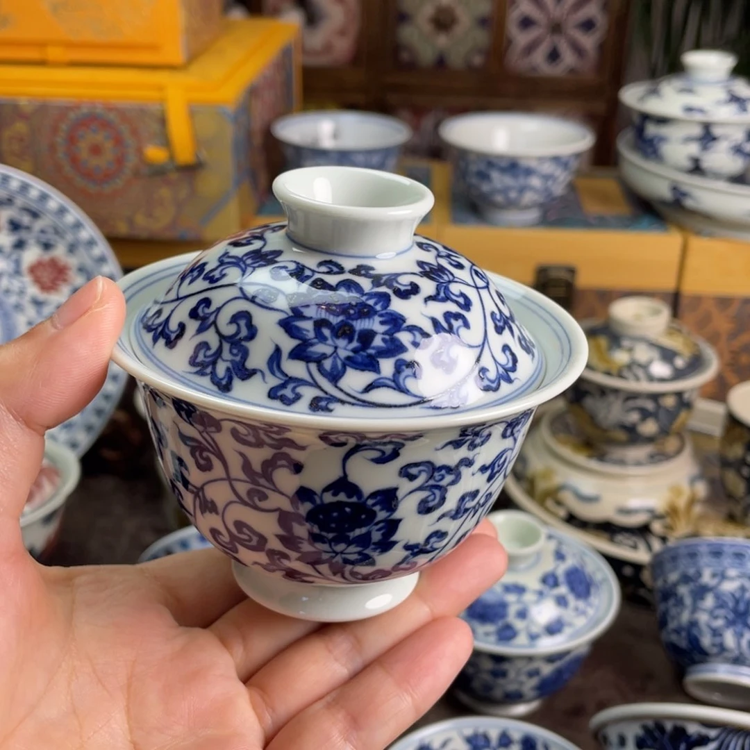 11景德镇青花缠枝莲盖碗微瑕