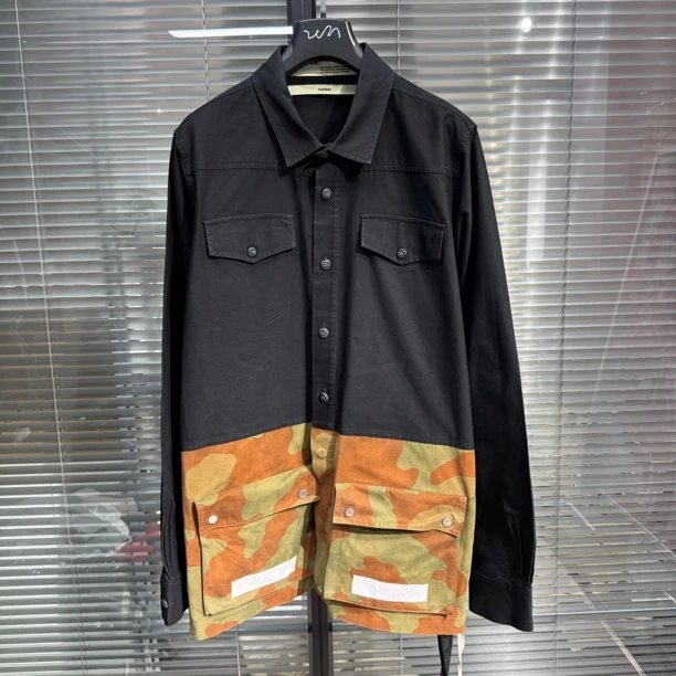 99新 OFF-WHITE 黑色拼接迷彩衬衫 L码
